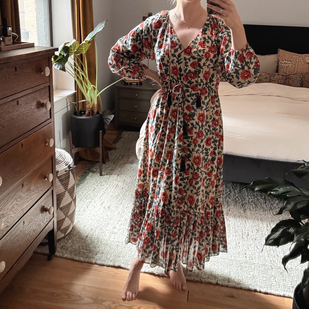 Roller Rabbit Red Floral Maxi Dress with tasseled neck and waist ties